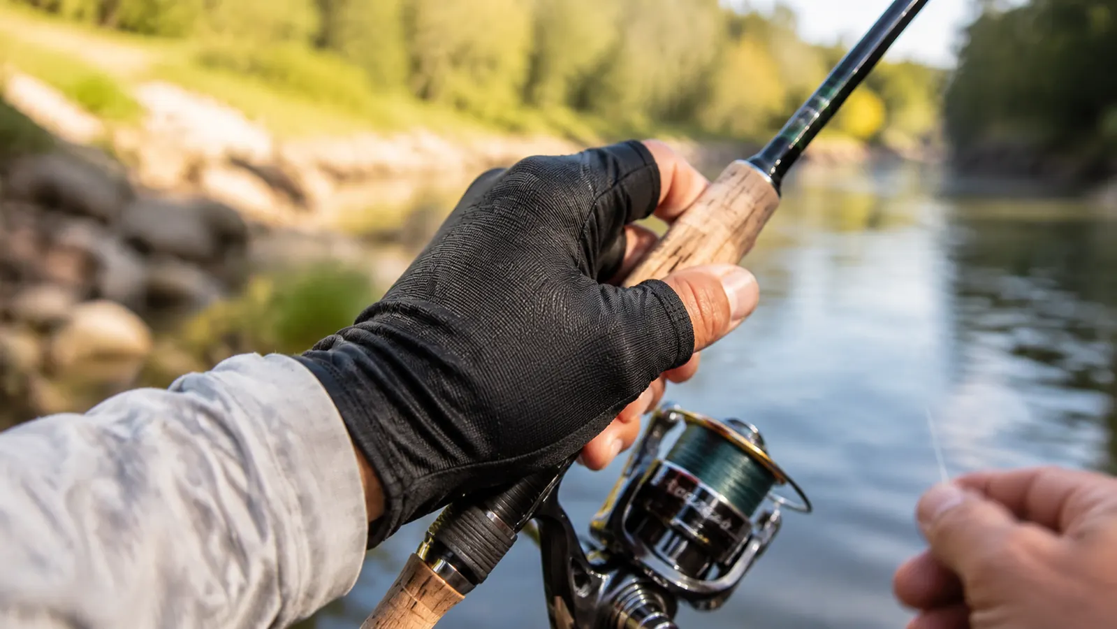 A hand wearing fingerless compression gloves wrapped around a fishing rod, thumb and forefinger gripping