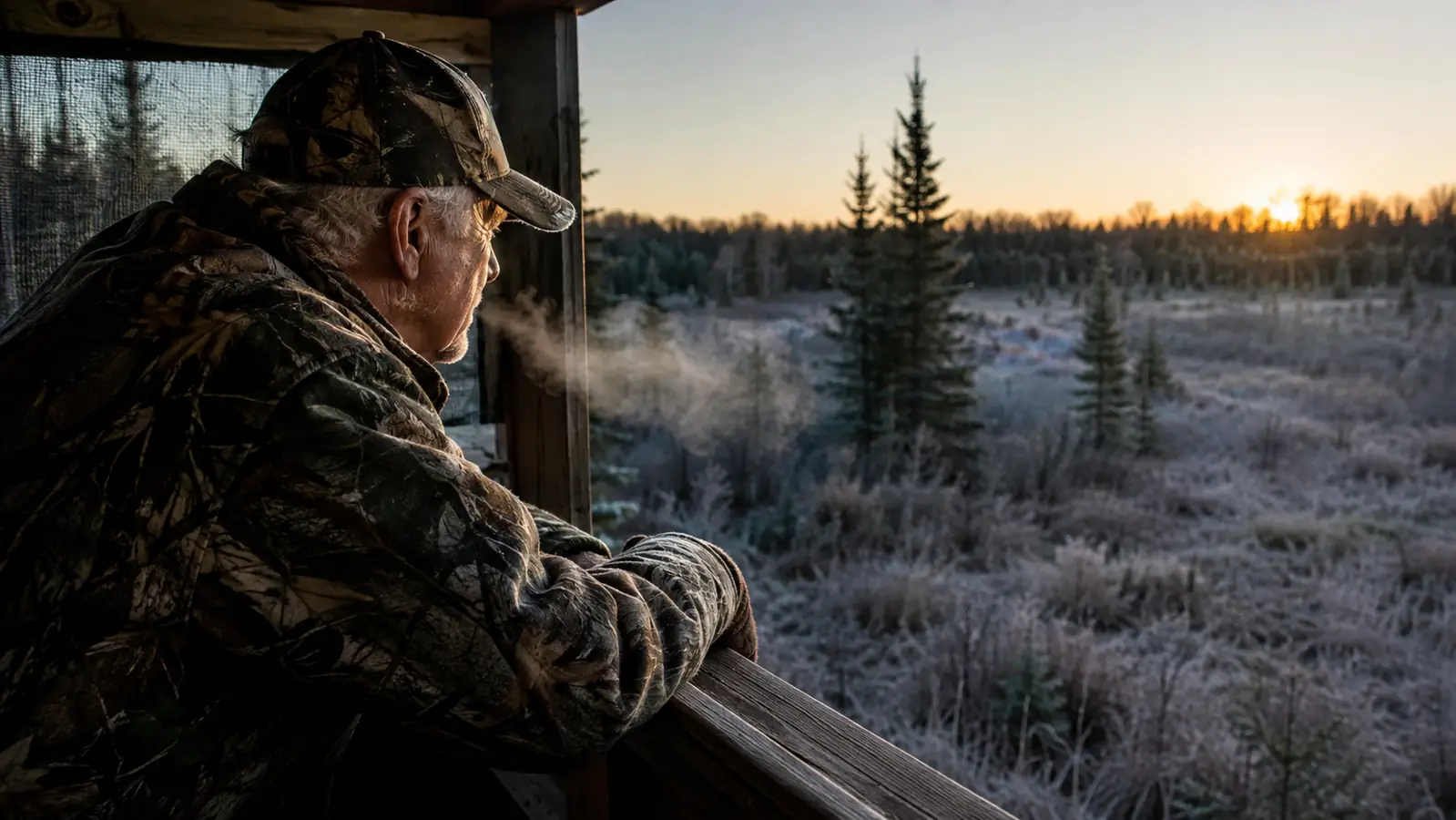 An older man sitting in a tree stand at dawn, forearms resting on a high crossbar, looking out over a frosty clearing