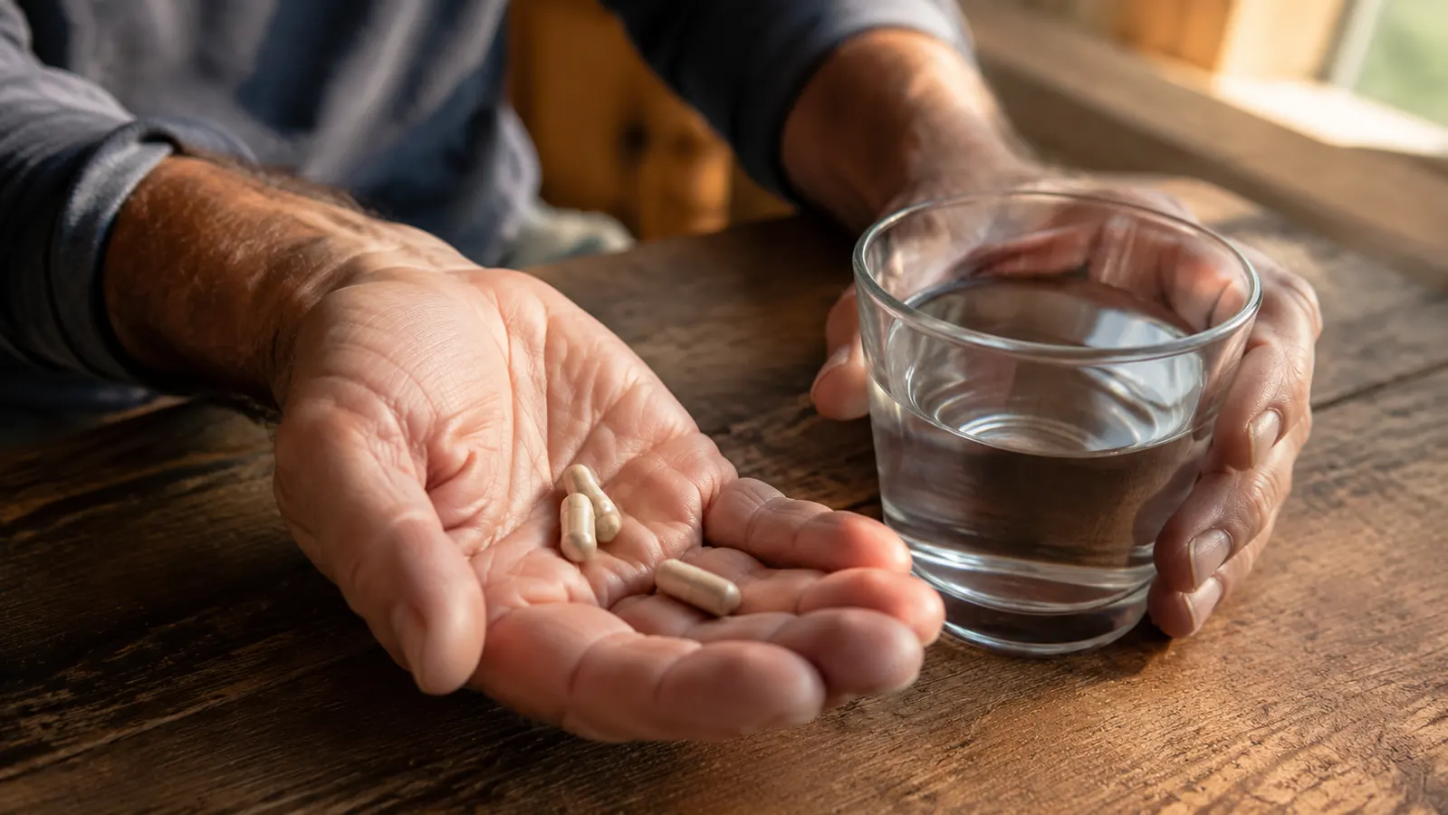 A weathered hand resting two supplement capsules on an open palm over a wooden kitchen table, a glass of water beside it