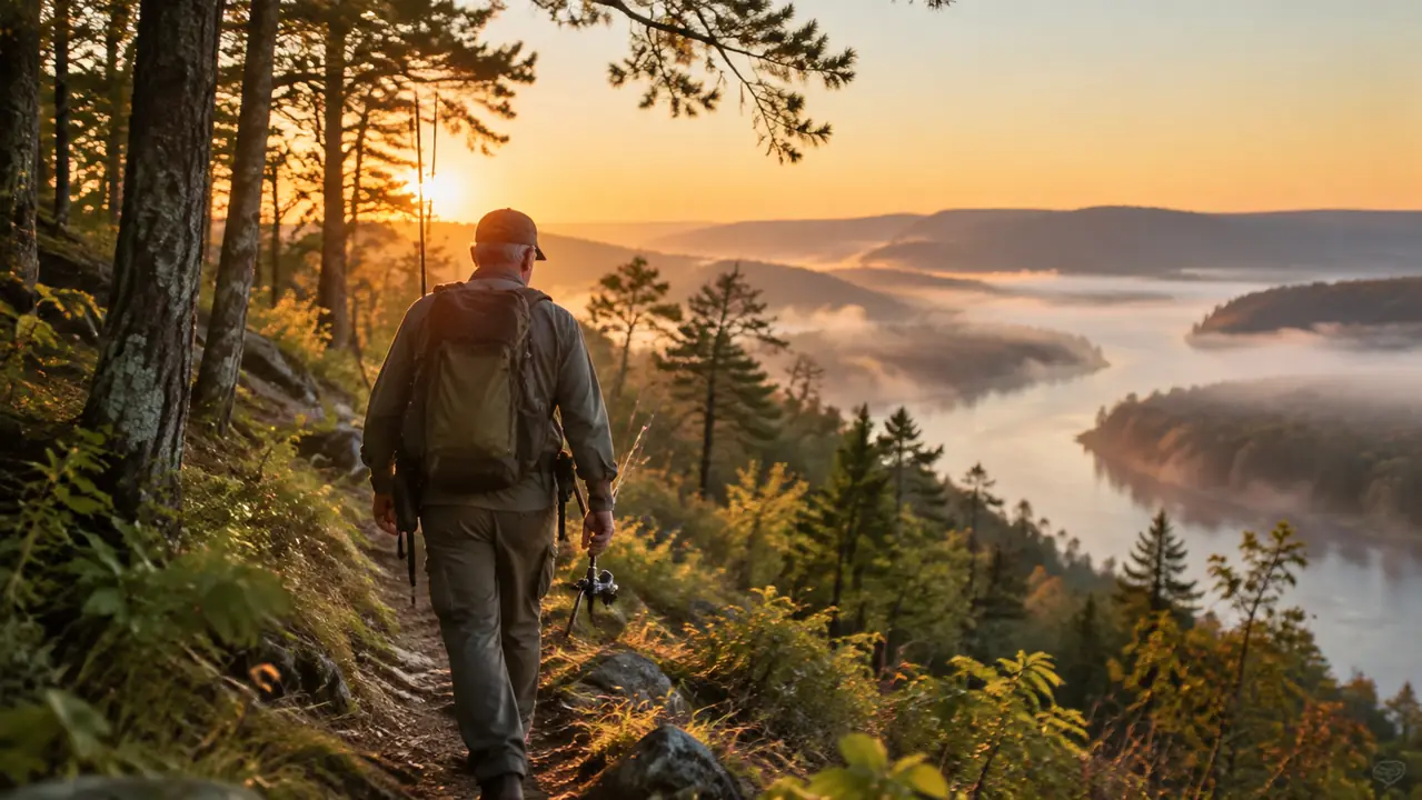 An older angler with a day pack walking a ridge trail at first light through low mist