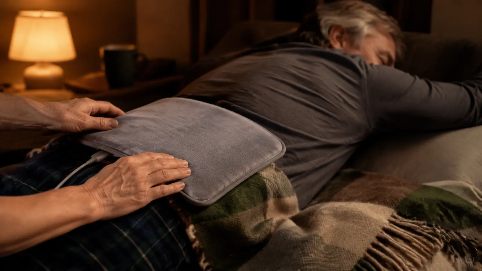 A hand laying a soft electric heating pad across a lower back on top of a wool blanket, the man stretched out on a couch before dawn