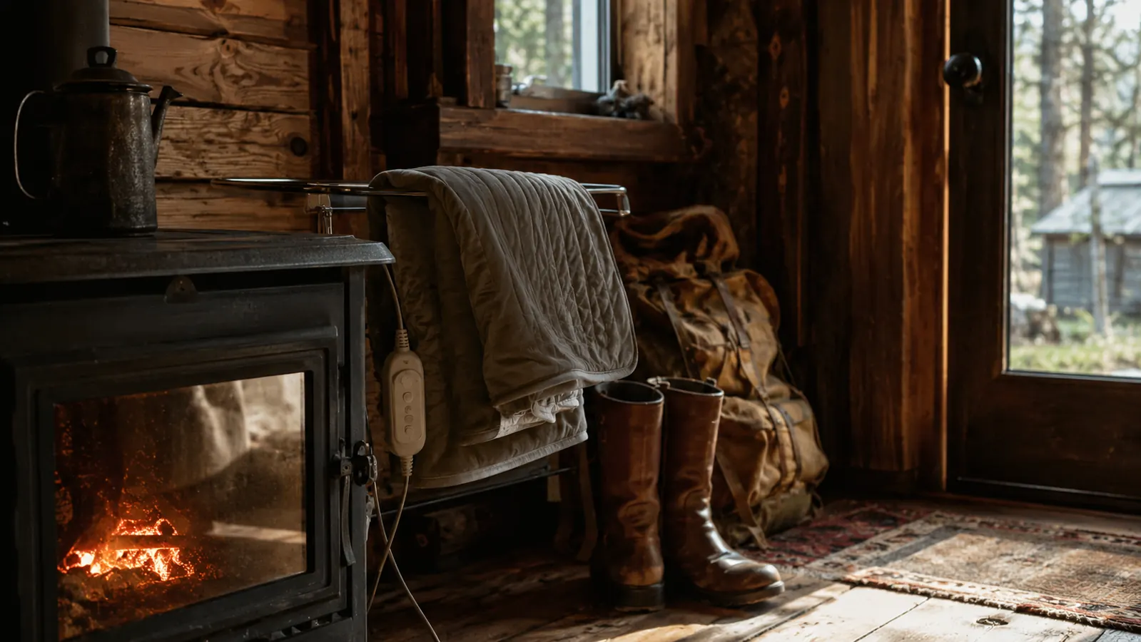 A heating pad folded over a wood stove rail to warm while a pair of hunting boots and a knapsack wait by the door