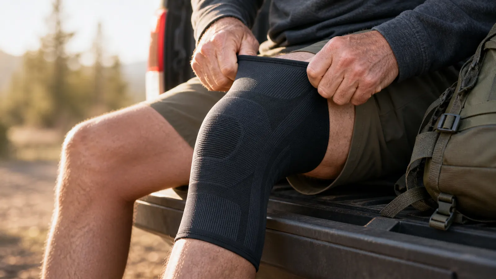 A weathered hand pulling a compression knee sleeve up over a bent knee while seated on a truck tailgate