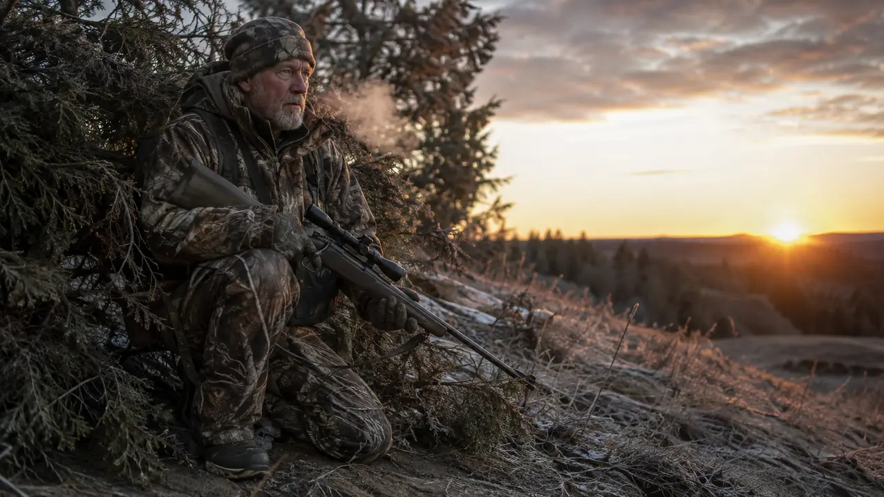 An older hunter kneeling behind a low blind on a frosty hilltop, one knee on the ground at first light