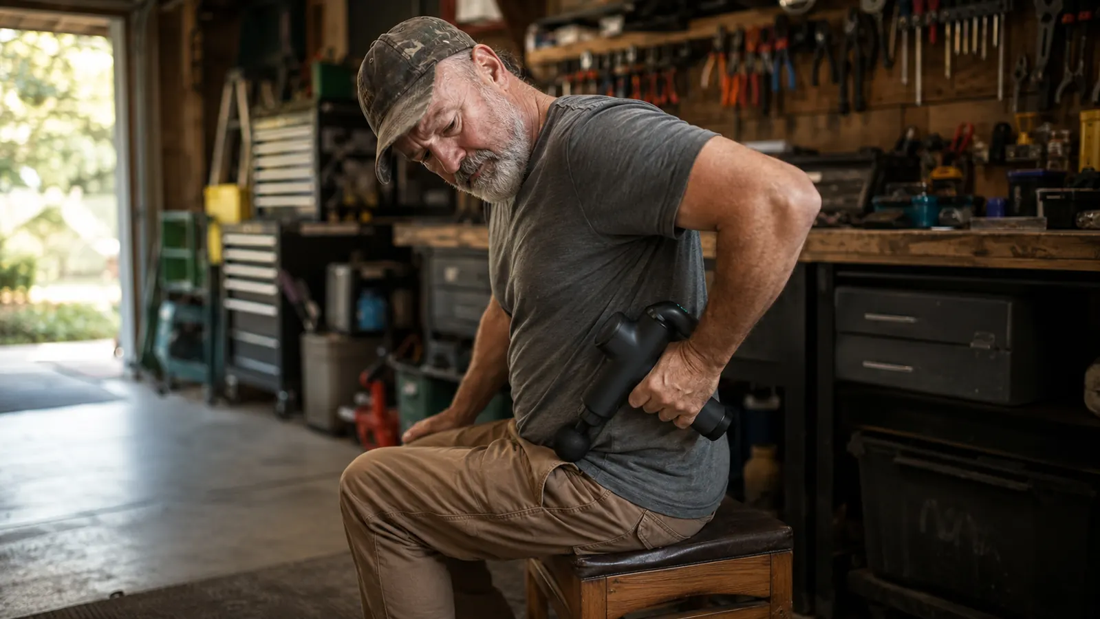 An older man sitting on a wooden stool in a simple garage, pressing a massage gun into his own low back with one hand, workbench behind him