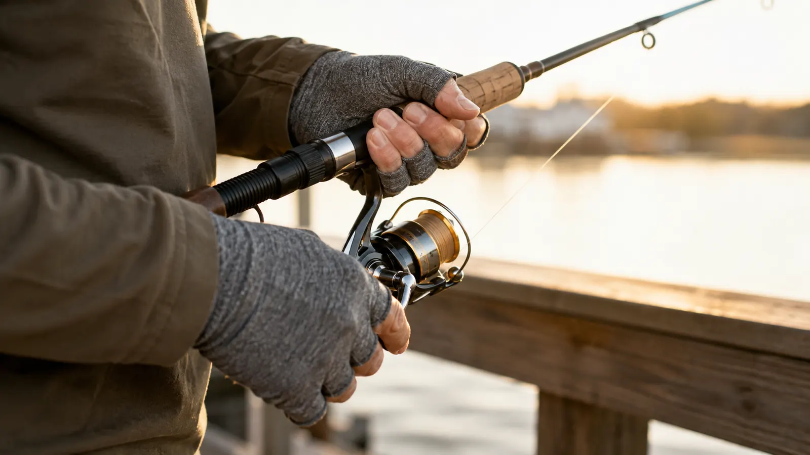 Close view of an aged hand wearing a fingerless compression arthritis glove gripping a rod handle mid-cast.