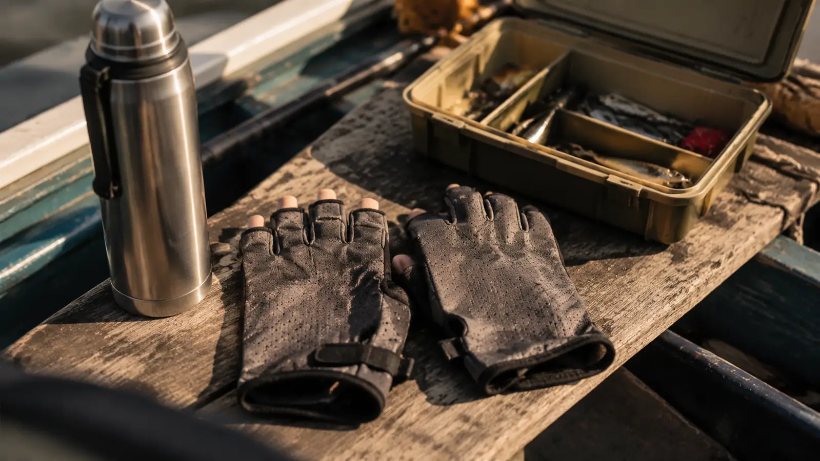 A pair of fingerless compression gloves resting on a weathered wooden boat bench beside a thermos and tackle box.