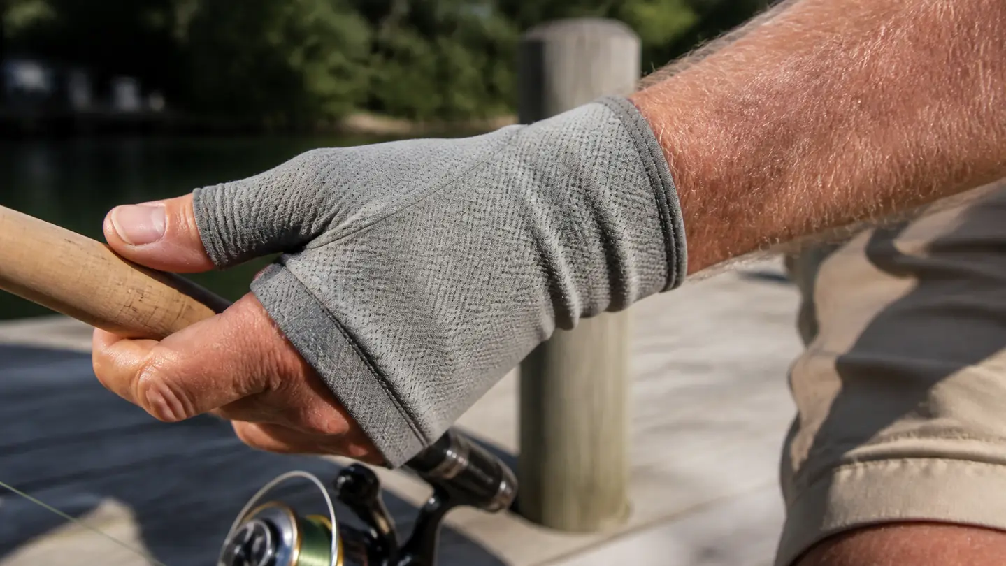 A close view of an open palm in a fingerless compression glove, fingers curled around a rod handle with a clean grip