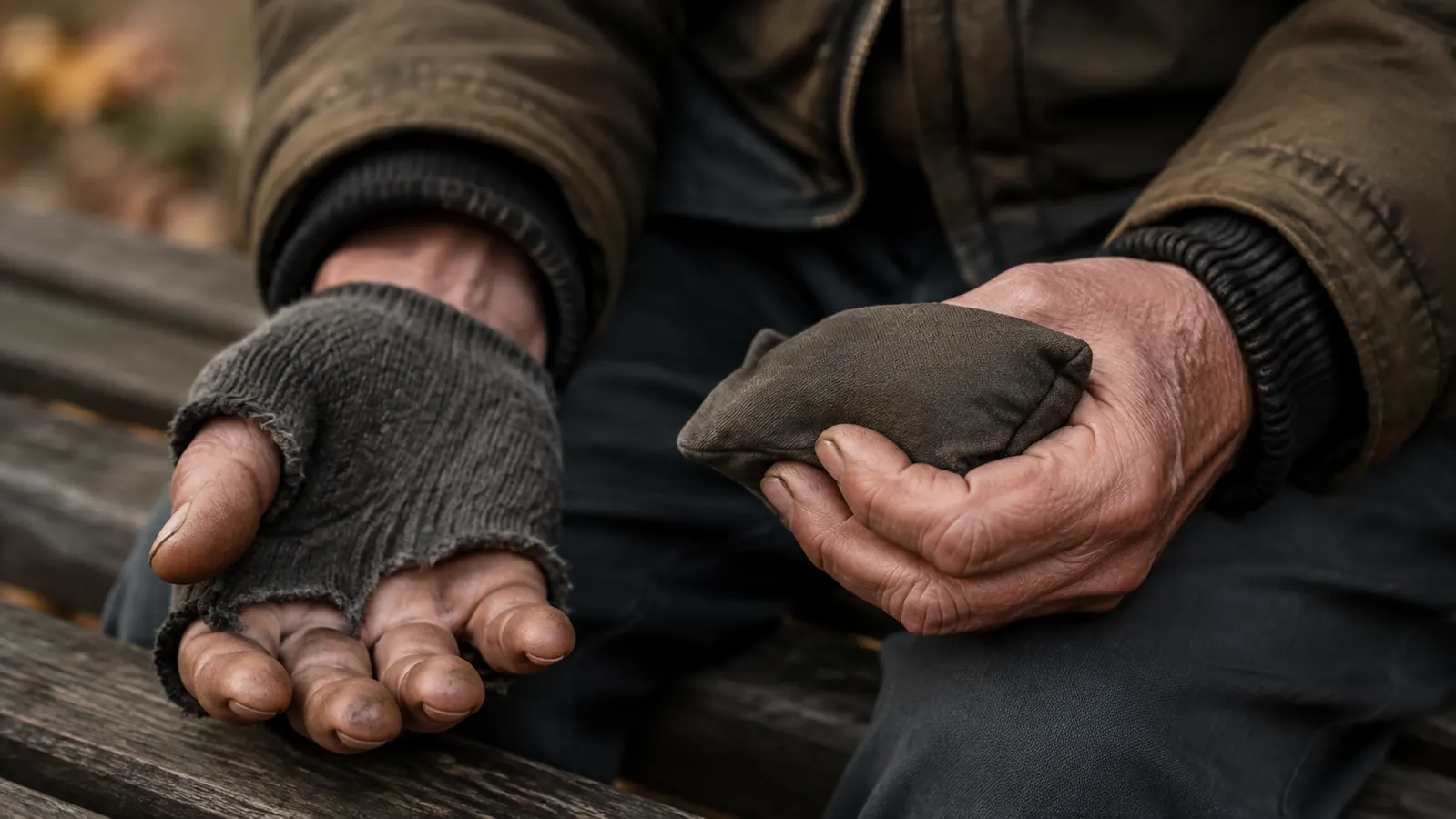 Two hands side by side on a wooden bench, one open-palmed in a thin fingerless glove and the other cupping a small worn heating warmer