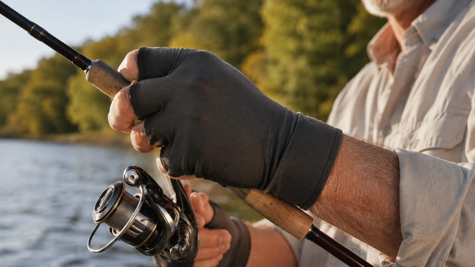 A hand wearing the Copper Compression fingerless glove holding a spinning reel, fingertips bare