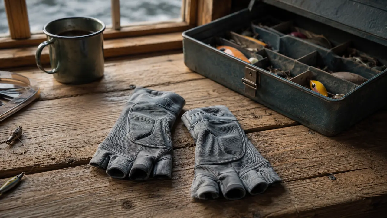 A pair of fingerless compression gloves laid out on a pine workbench beside a tackle box and a tin cup of coffee
