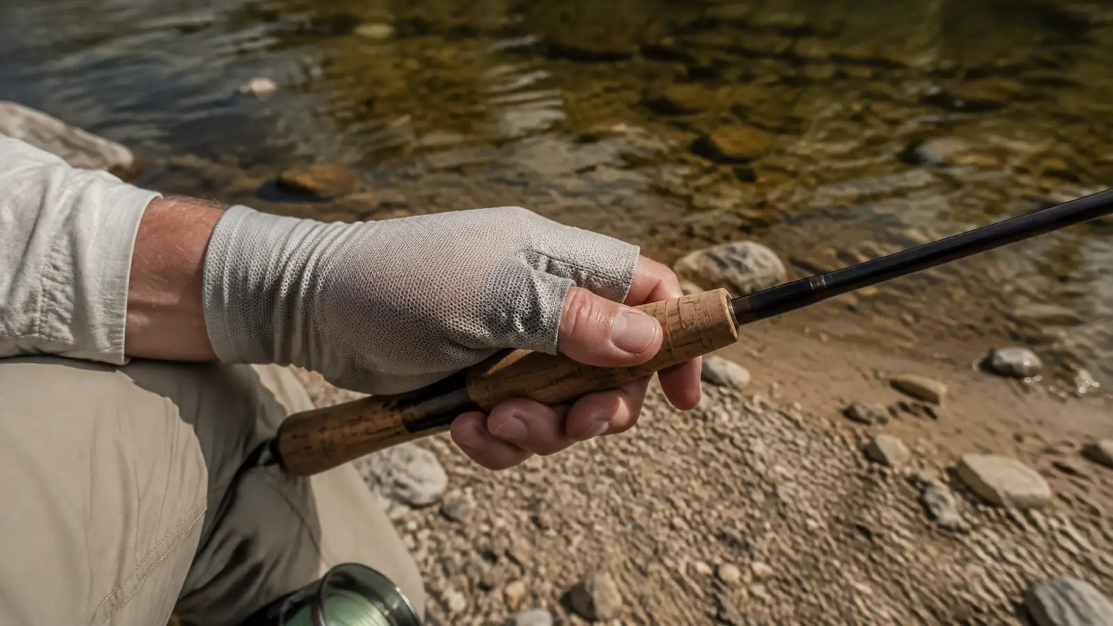 Close shot of a hand in a thin fingerless compression glove with an open-finger design, palm wrapped around the cork handle of a fishing rod at a creek bank