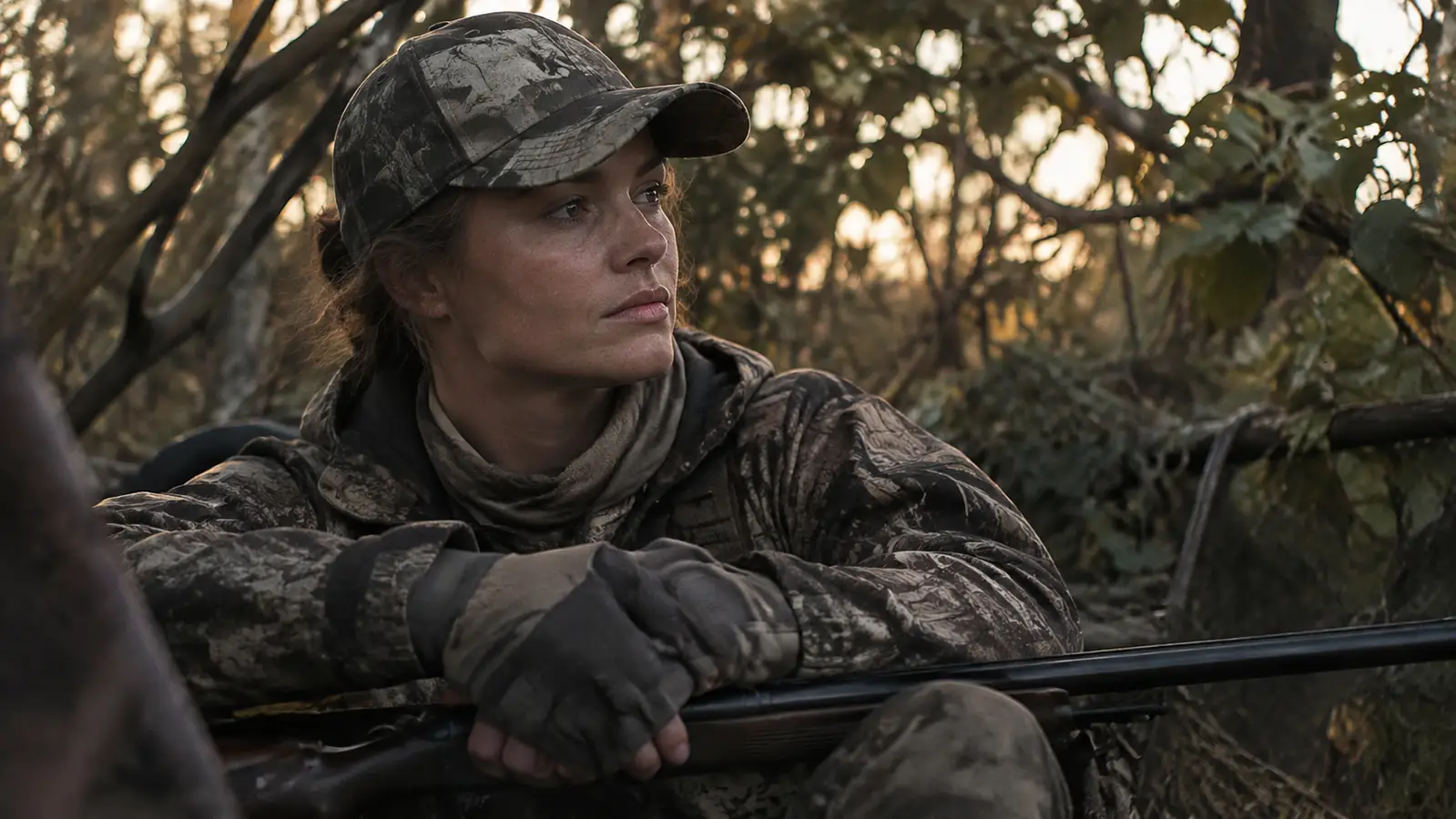 A hunter resting both gloved hands over the barrel of a rifle on a knee while seated in a ground blind at dawn, joint of the thumb and first finger softly wrapped