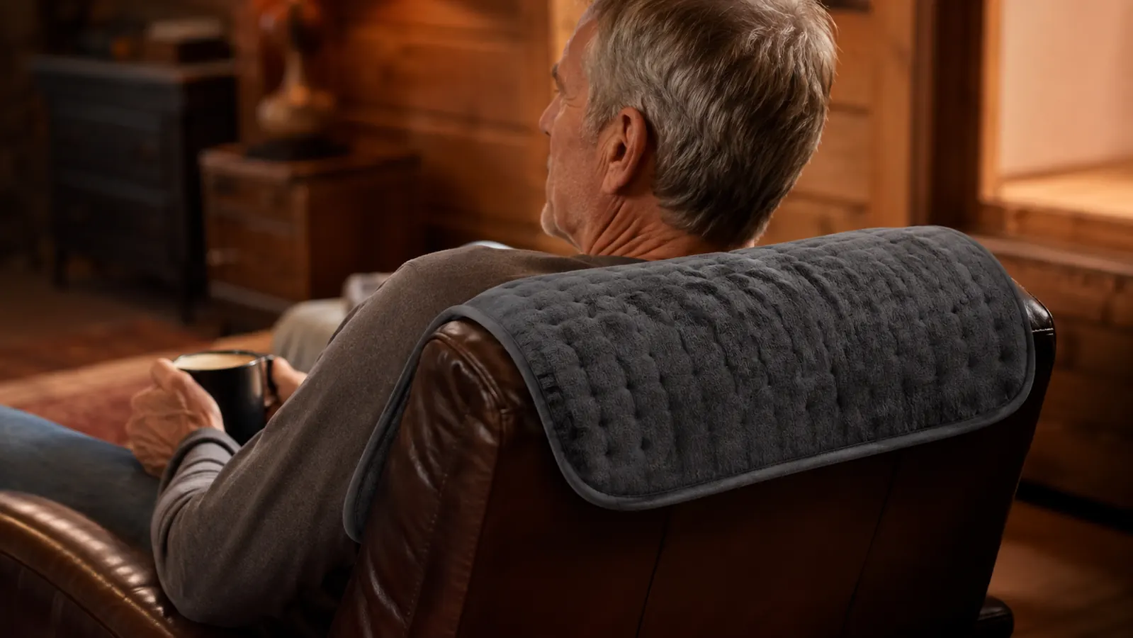 An electric heating pad laid flat across the upper back of a recliner where a man's shoulders rest, in warm indoor light before the day starts.