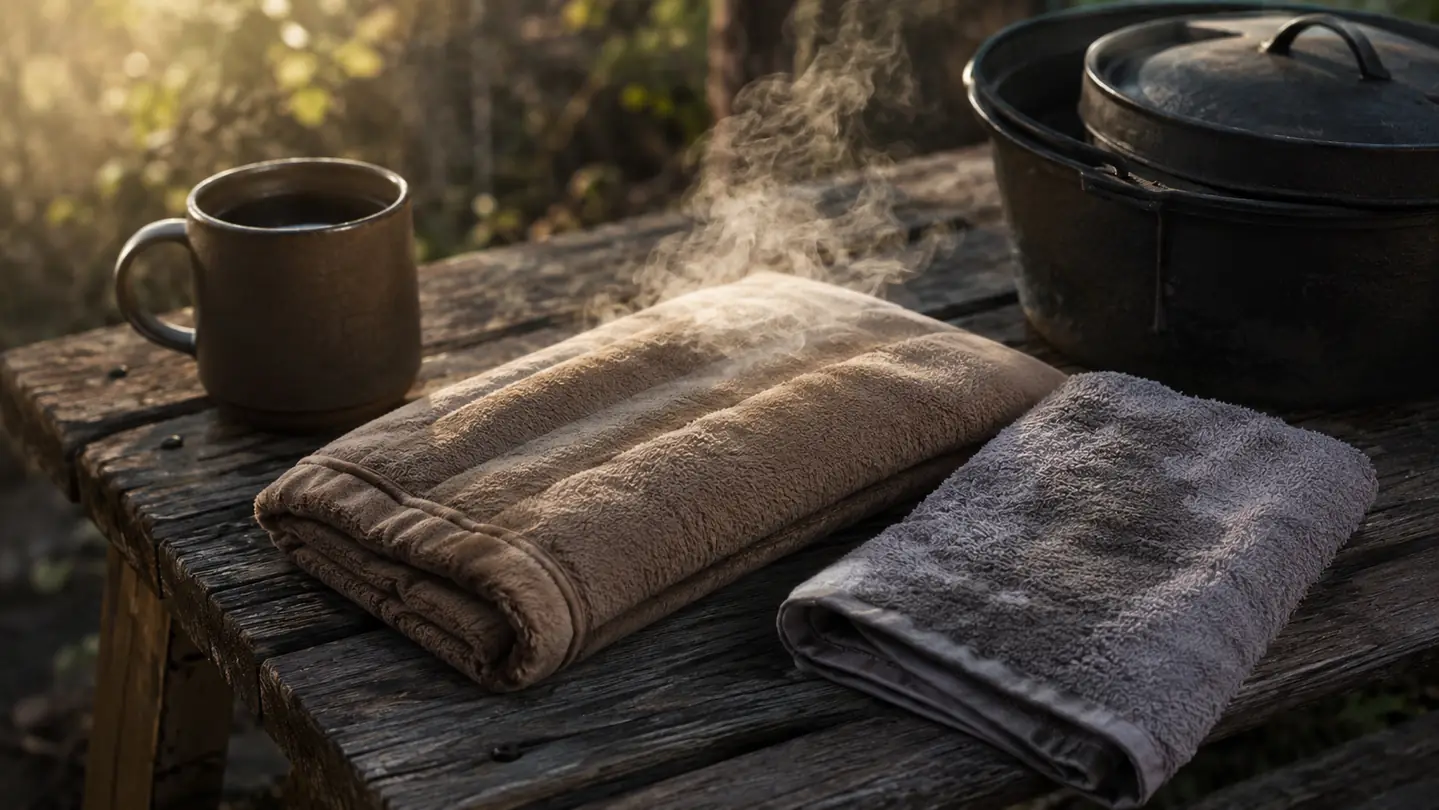 A folded cloth heating pack lying on a wooden bench next to a damp towel, a cast-iron pot, and a coffee cup in early morning light.