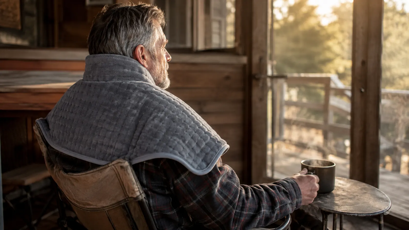 A man sitting in a worn camp chair with the heating pad laid across his shoulders, a steaming mug on a side table, warm morning light through a screen door.