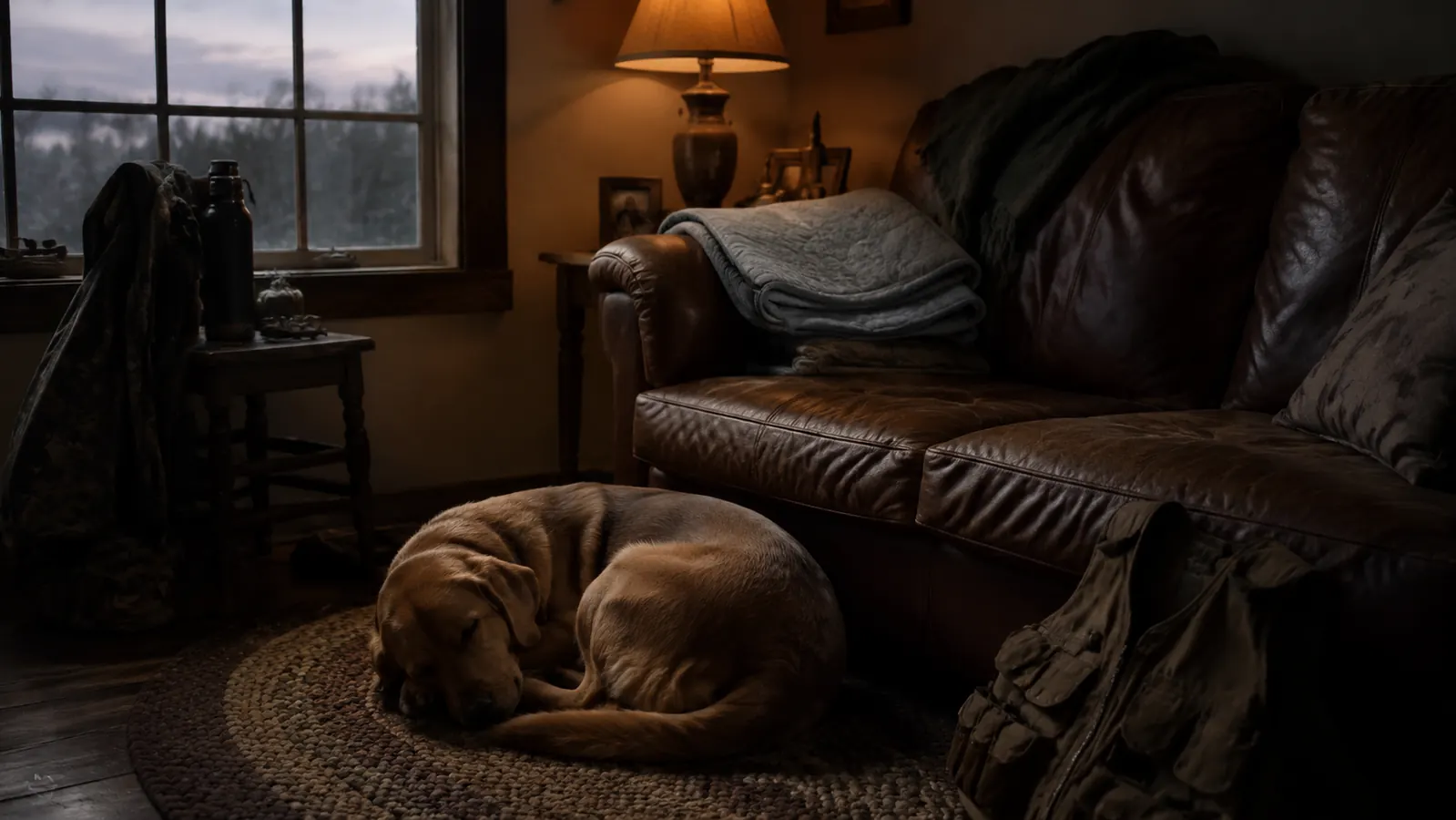A calm den at dawn with a dog curled on a braided rug, the heating pad folded on the arm of an old sofa beside a thermos and a hunting vest.