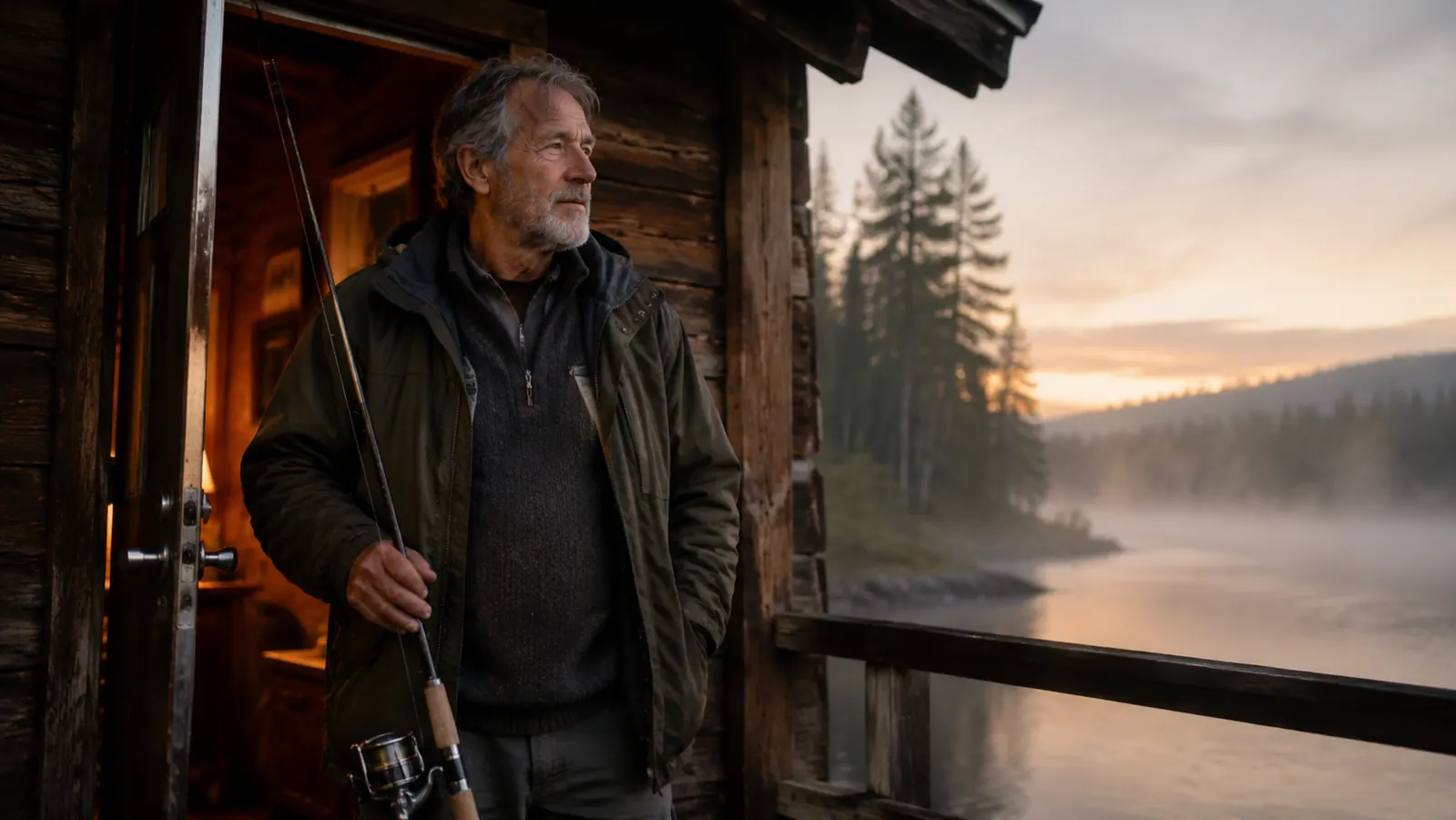 An older man walks out a cabin door into pre-dawn light with a fishing rod under one arm, warm glow from the open door behind him