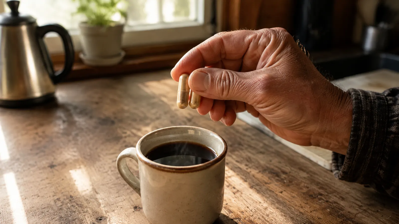 A hand shaking two supplement capsules over a mug of coffee on a rough kitchen table in morning light
