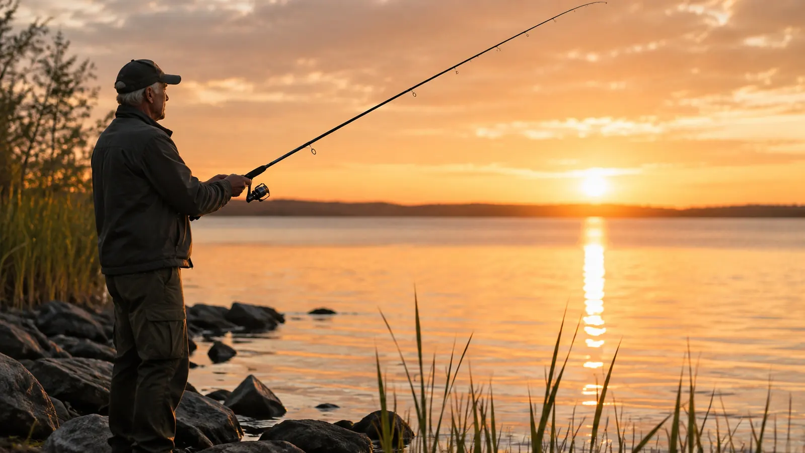 An older angler standing on a rocky bank casting a fishing rod at sunrise over calm water