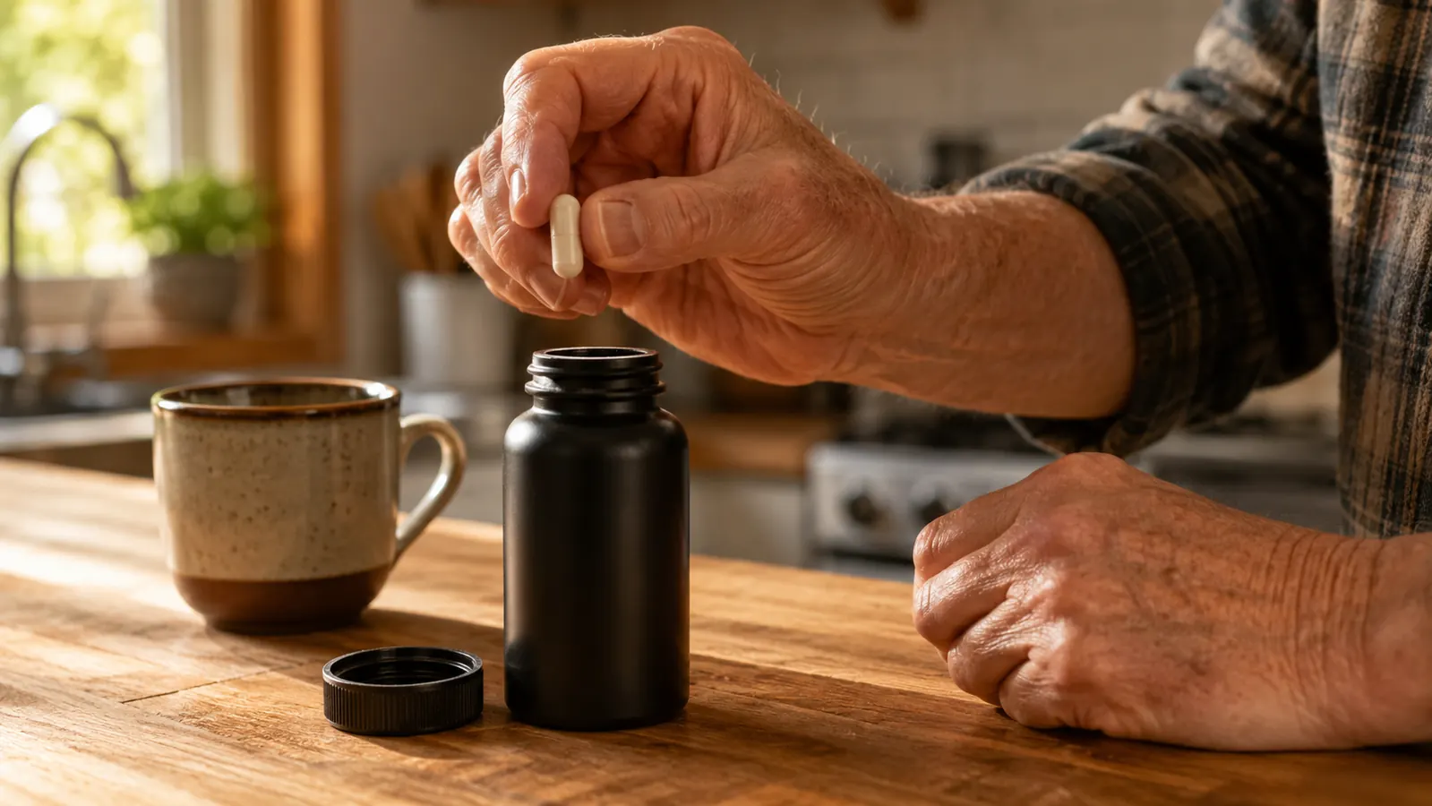 An older man's hand shaking one small capsule over its open bottle top on a wooden kitchen counter