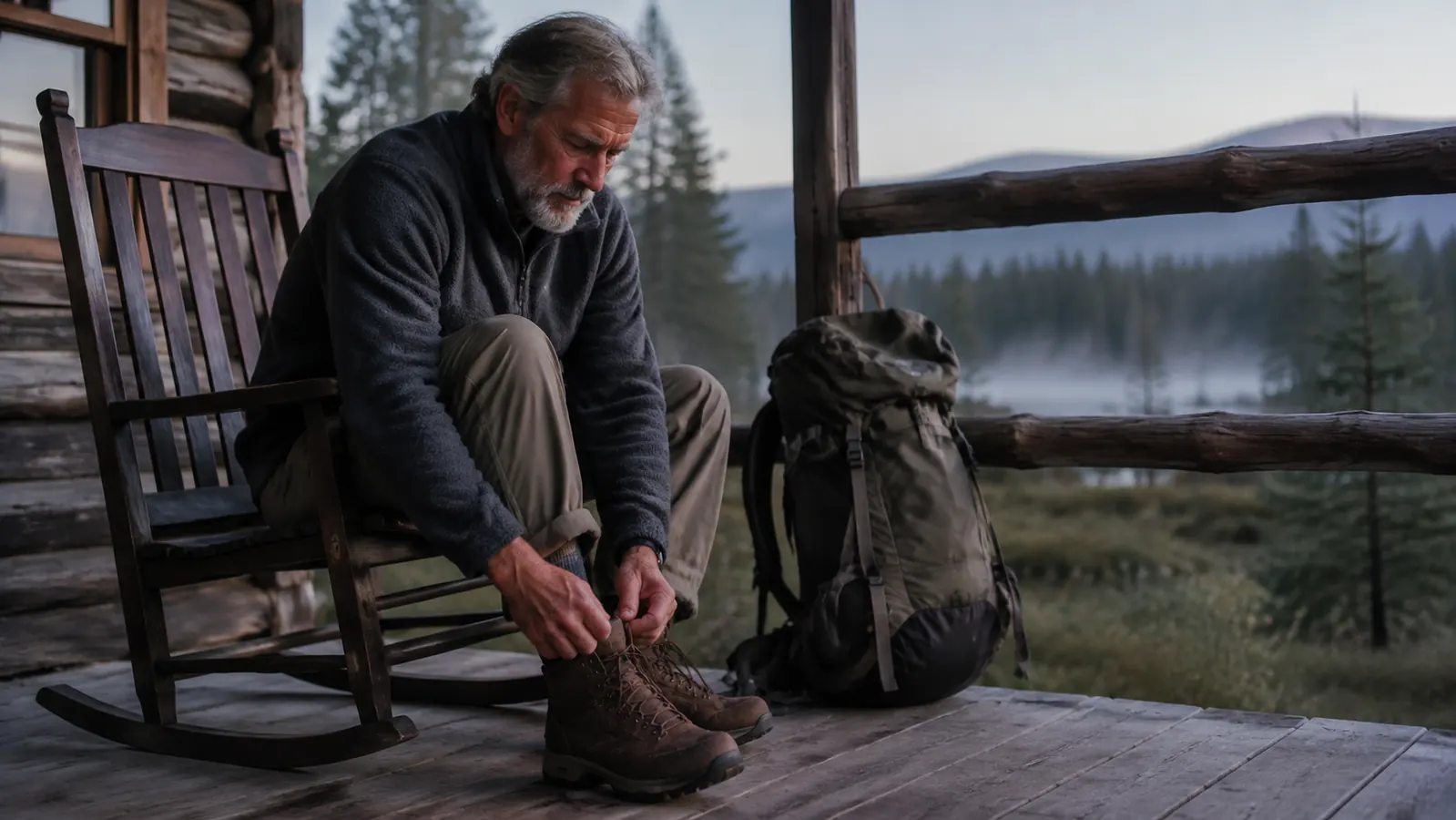 An older man lacing a hiking boot on a porch at dawn, day pack on the rail beside him