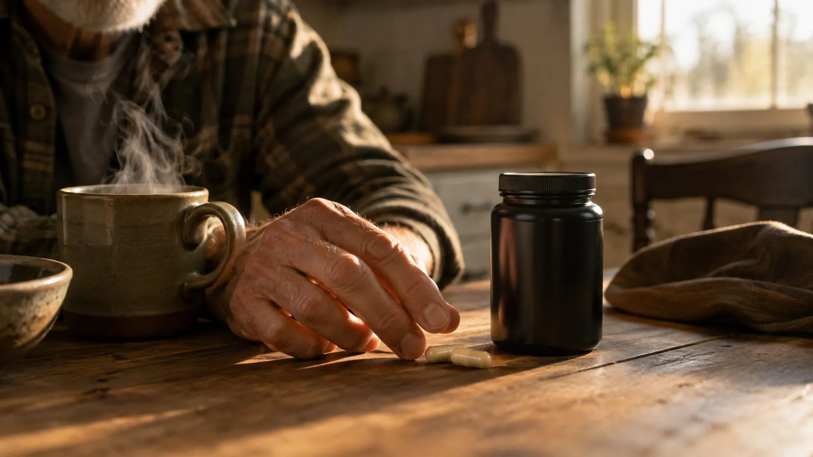 A man's hand reaching for two capsules beside a steaming mug of coffee on a kitchen table