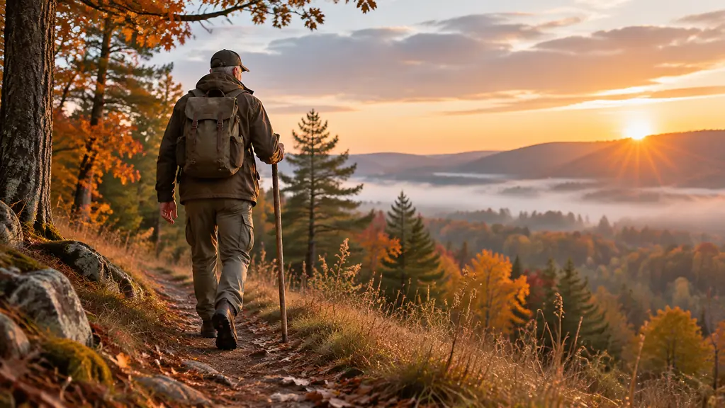 An older man walking up a grassy ridge at dawn with a single strap over his shoulder