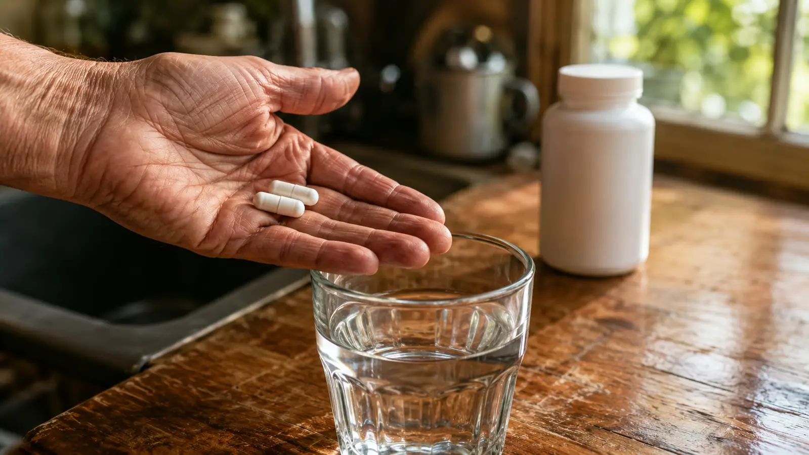 A weathered older hand holding two capsules over a glass of water on a scarred wooden kitchen counter, supplement bottle out of focus in the background
