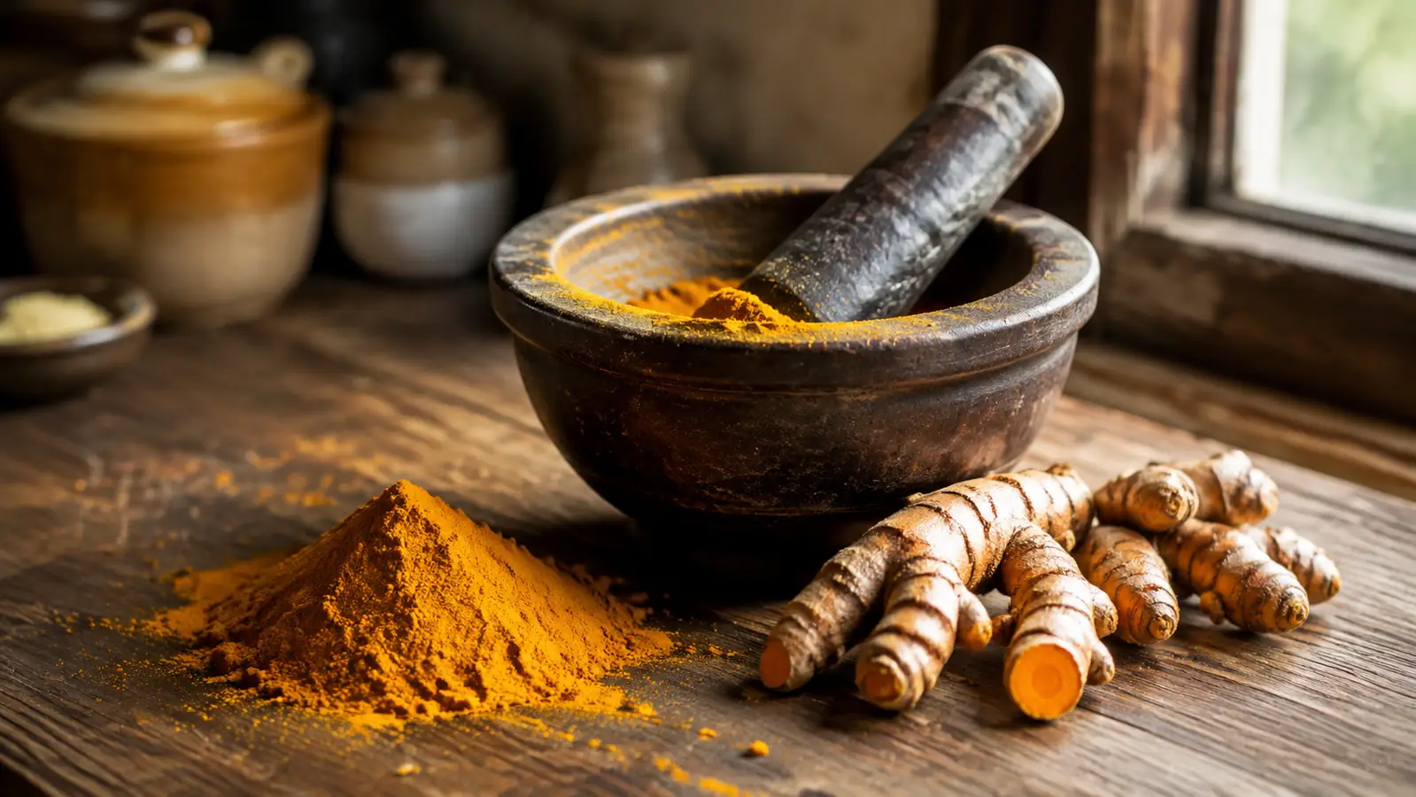 A worn wooden table with a mortar and pestle holding ground turmeric, a small pile of golden powder and a fresh turmeric root