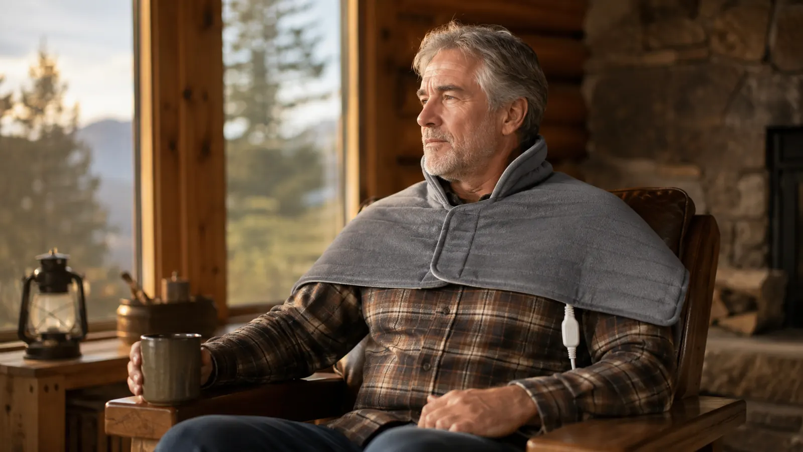 A heating pad draped across the shoulders of a seated older man in a cabin chair early in the morning