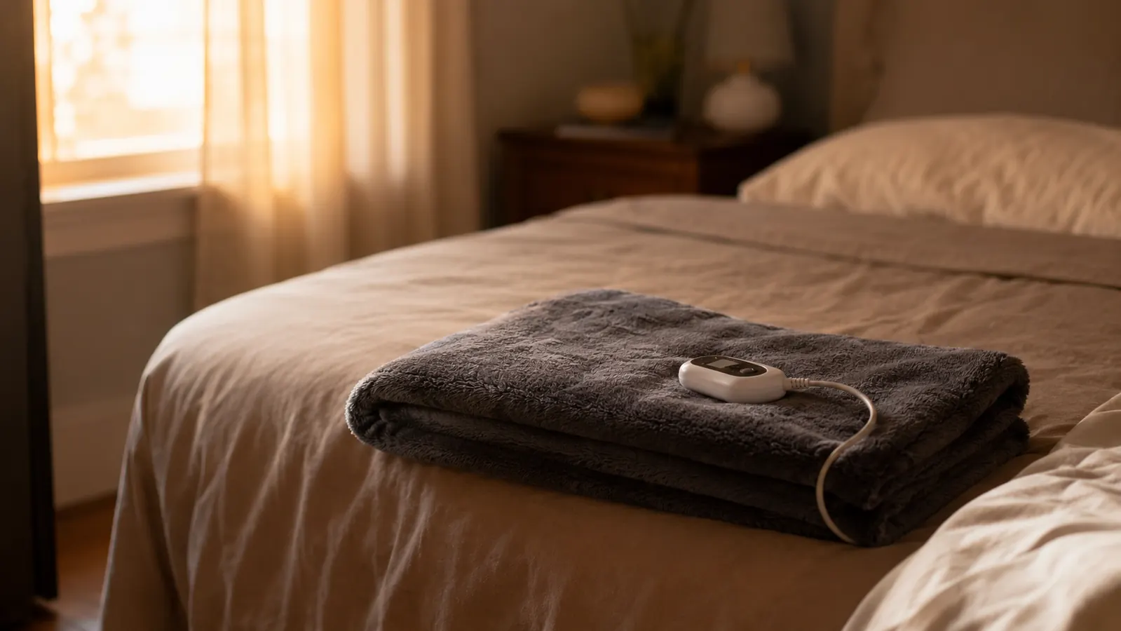 A clear view of the folded heating pad pushed to the far end of a bed, ready for the next morning
