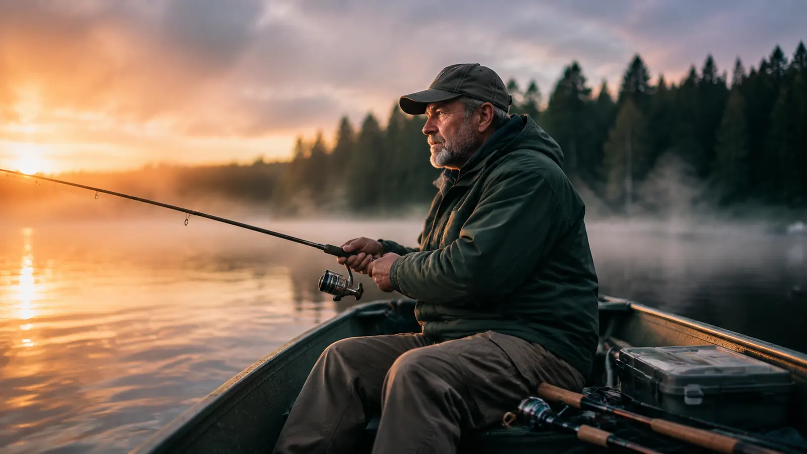 An outdoorsman in his early 60s casting a line from a boat on a calm misty lake at dawn, rods and a tackle box by his side
