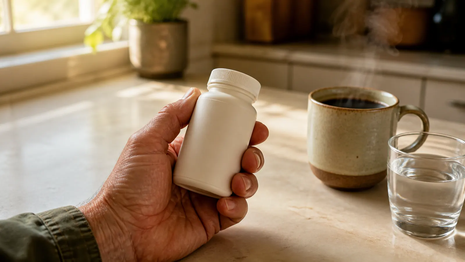 A weathered older hand holding the supplement bottle over a warm cream kitchen counter beside a coffee mug, soft morning light