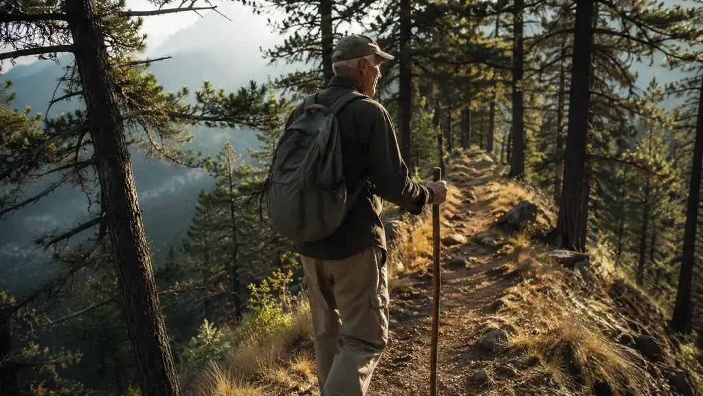 An older man walking a forest ridge trail at first light, small day pack and a wooden walking stick, easy deliberate pace