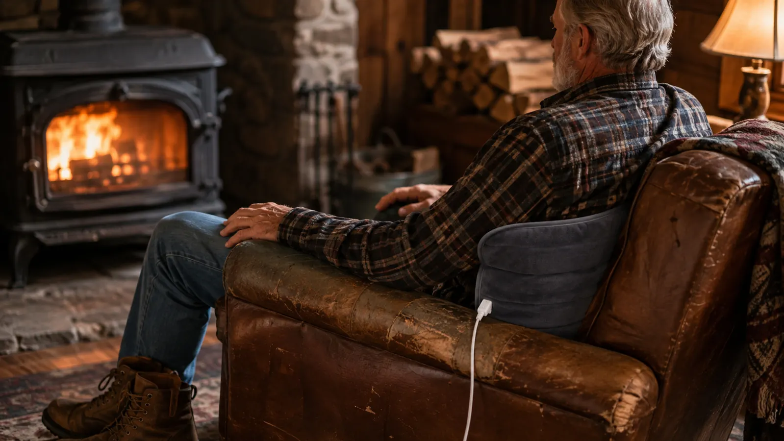 A man in a flannel shirt reclined in a worn armchair by a wood stove, a soft electric heating pad draped over his lower back, relaxed and at ease, boots on the floor