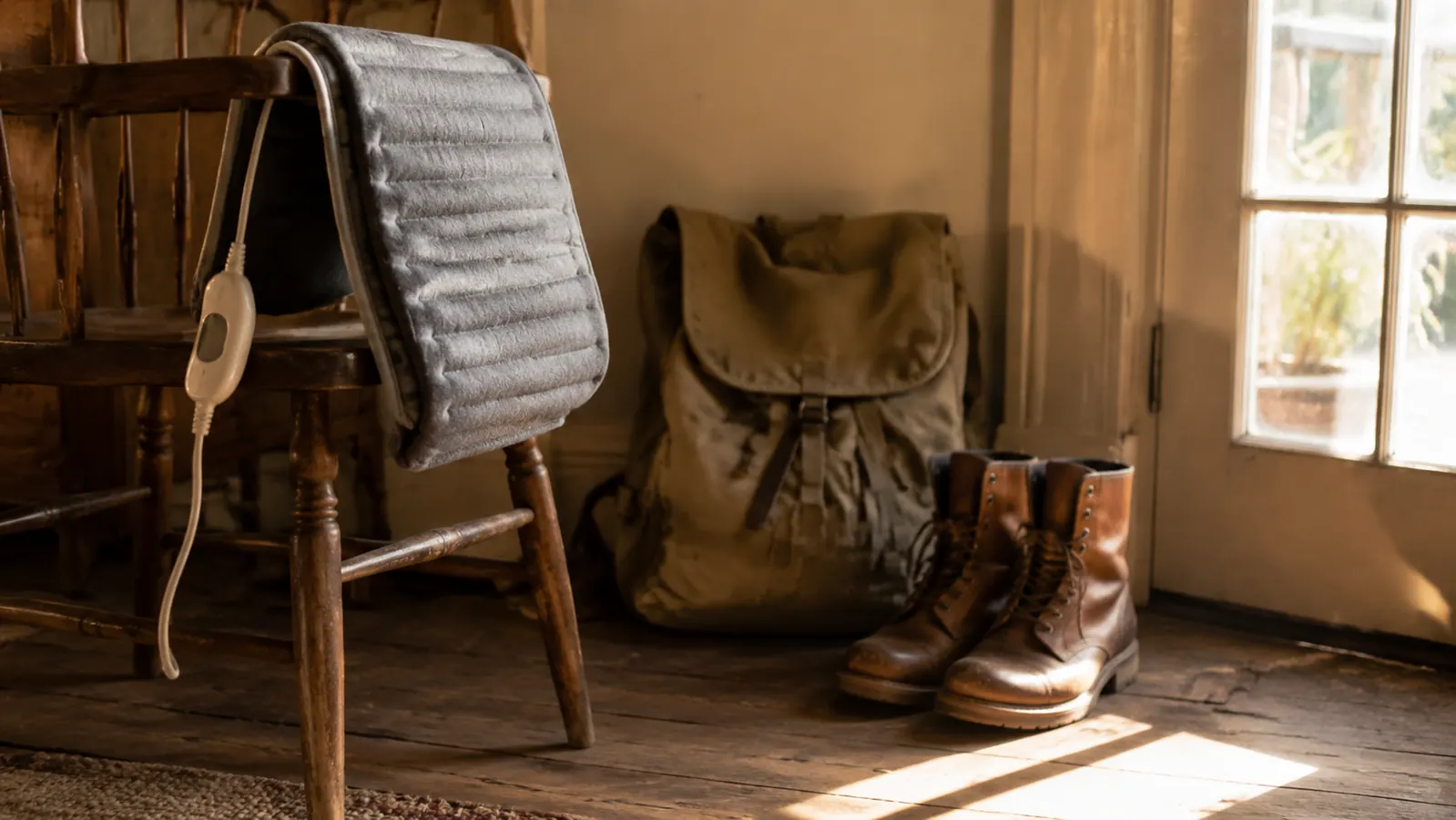 A folded electric heating pad lying over the arm of a kitchen chair next to a pair of lace-up work boots beside a back door, golden morning light coming through the door