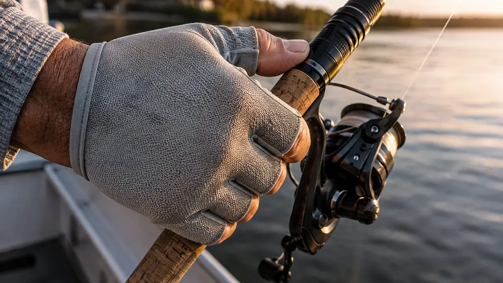 Close-up of a hand wearing a fingerless compression glove working the reel handle on a fishing rod