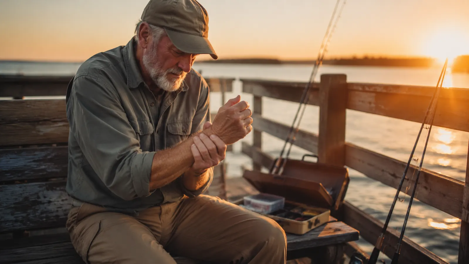 Older man sitting on a dock bench flexing his bare hands, open tackle box beside him, late afternoon light