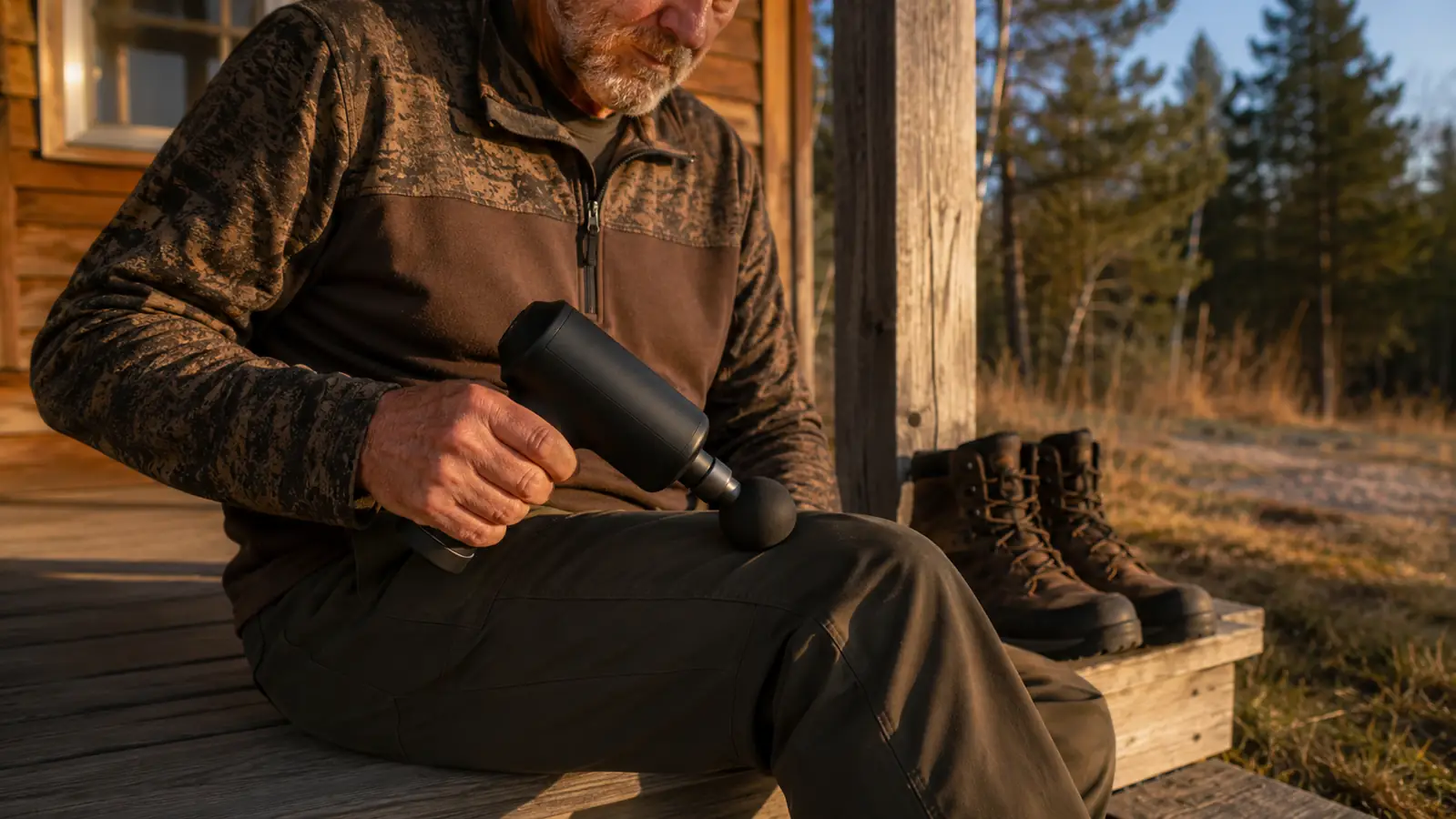 Seated outdoorsman holding a percussion massage gun against his thigh over hunting pants, late afternoon light on a porch