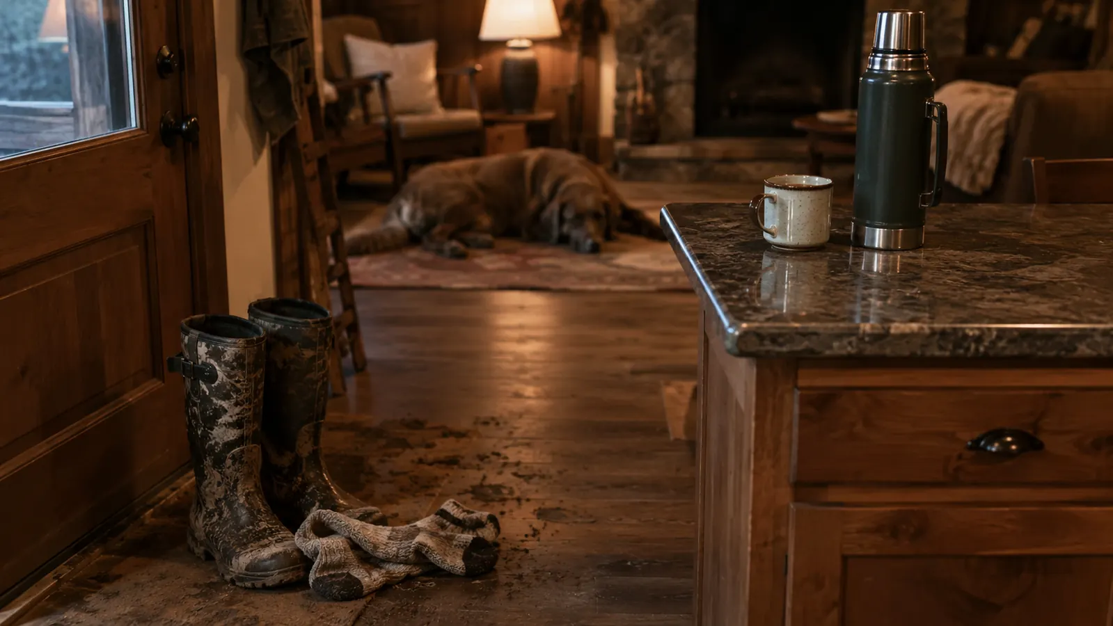 Muddy hunting boots kicked off by the back door, a thermos and a coffee mug on the kitchen counter, warm lamp glow at evening