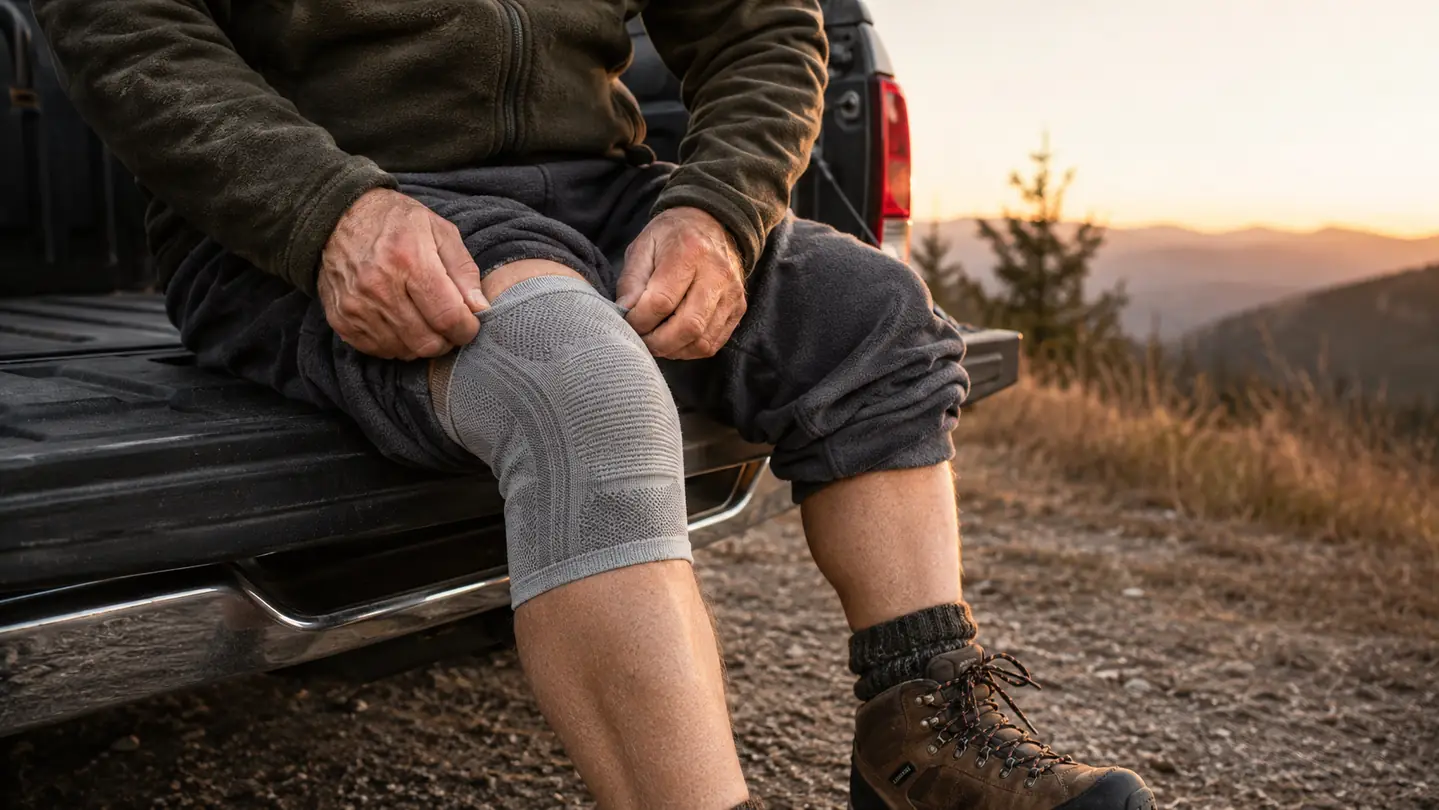 Close view of a man's hands pulling a knee compression sleeve up and smoothing it over his knee as he sits on a pickup tailgate with hiking boots laced