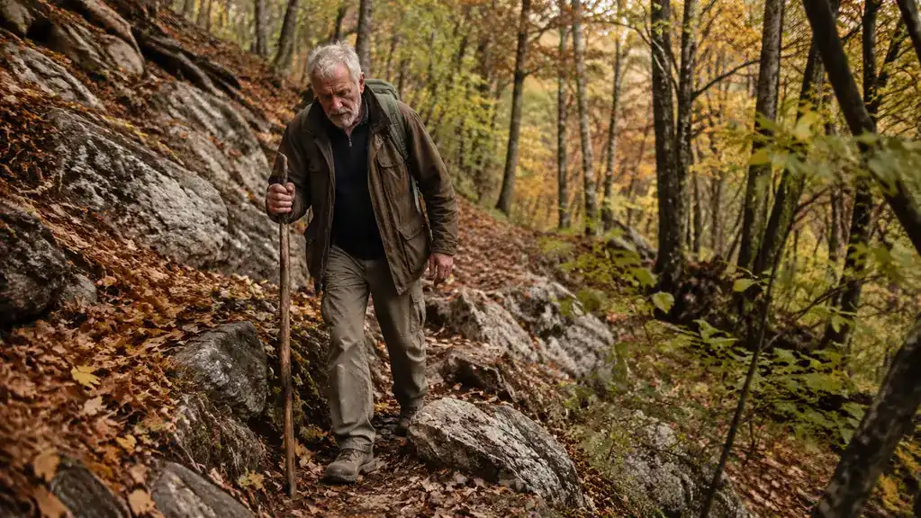 An older man in a flannel shirt picks his way carefully down a steep gravel trail through fall trees, gripping a wooden walking stick