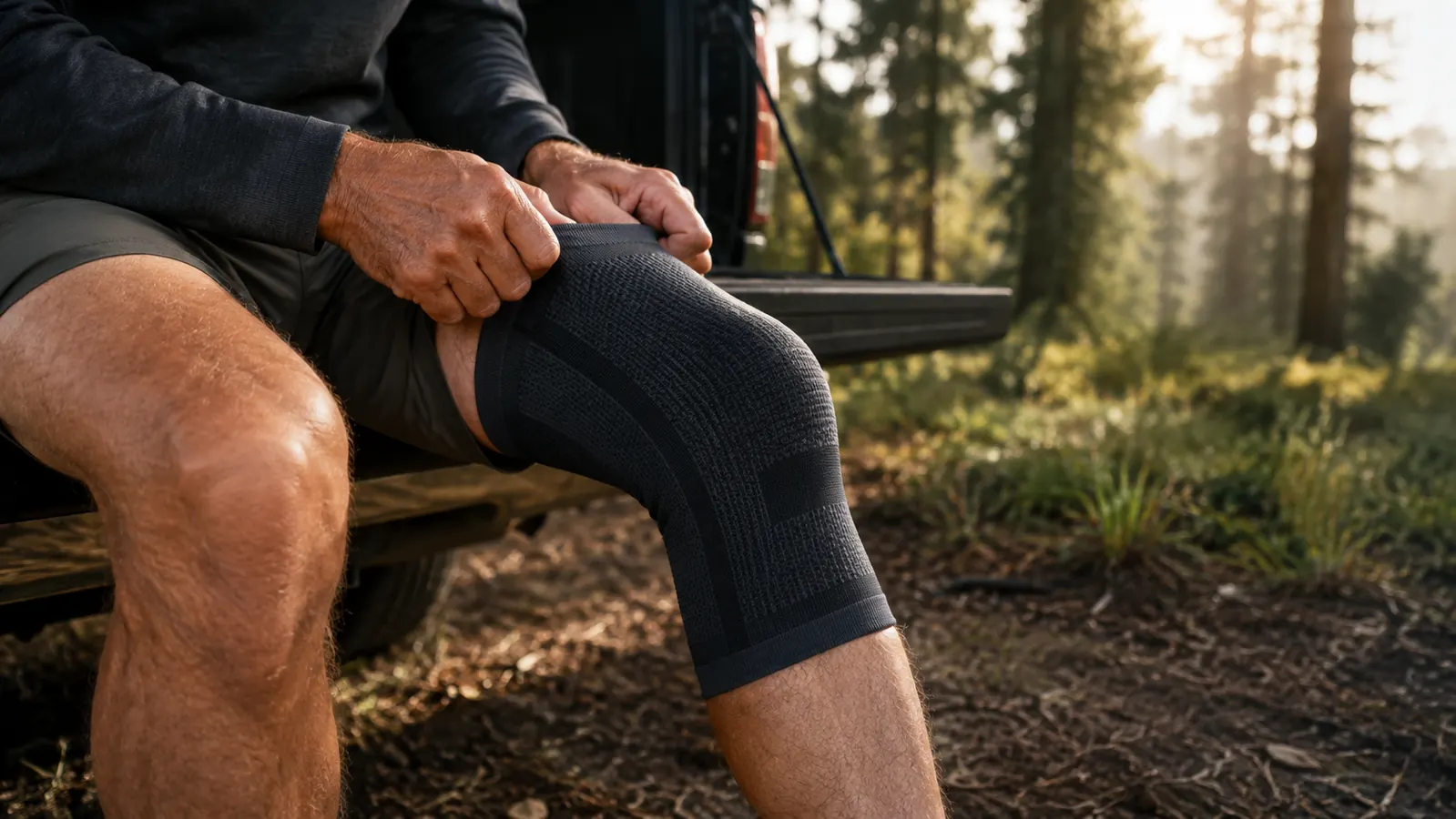 A man's hand pulling a compression knee sleeve up over a bent knee, sitting on a tailgate