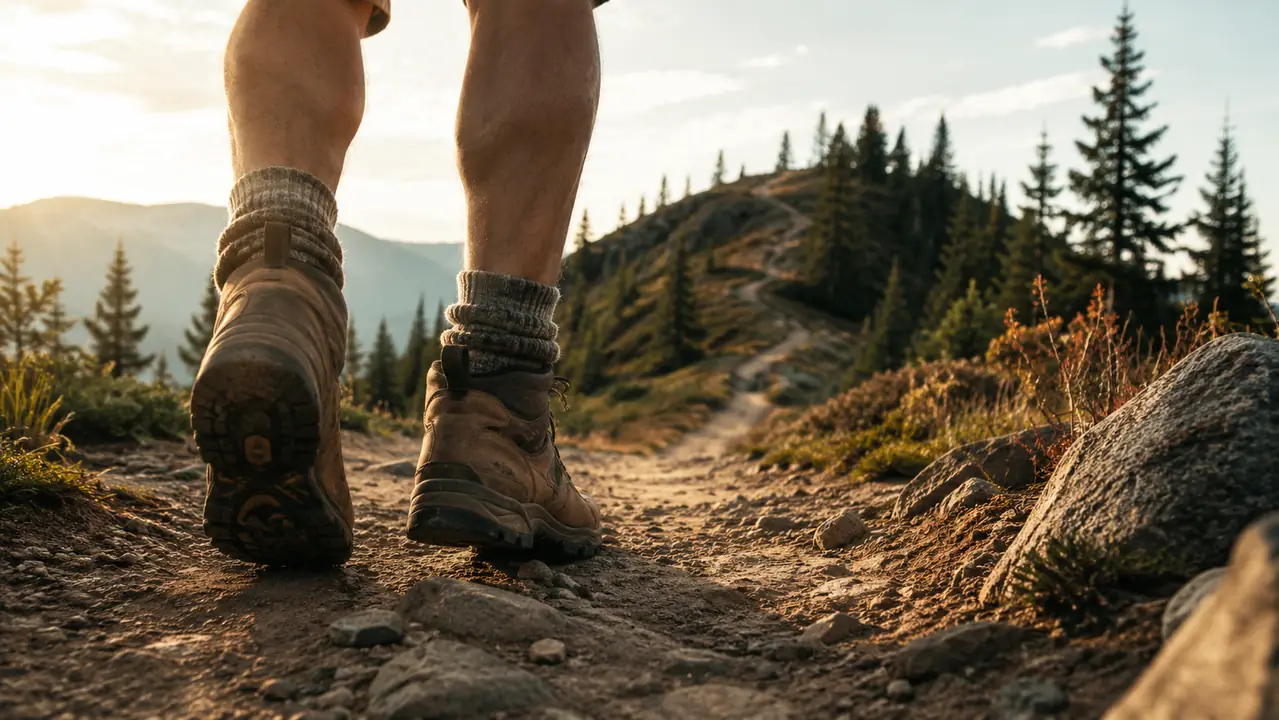 A pair of boots on a worn trail winding upward through the trees toward a ridge line