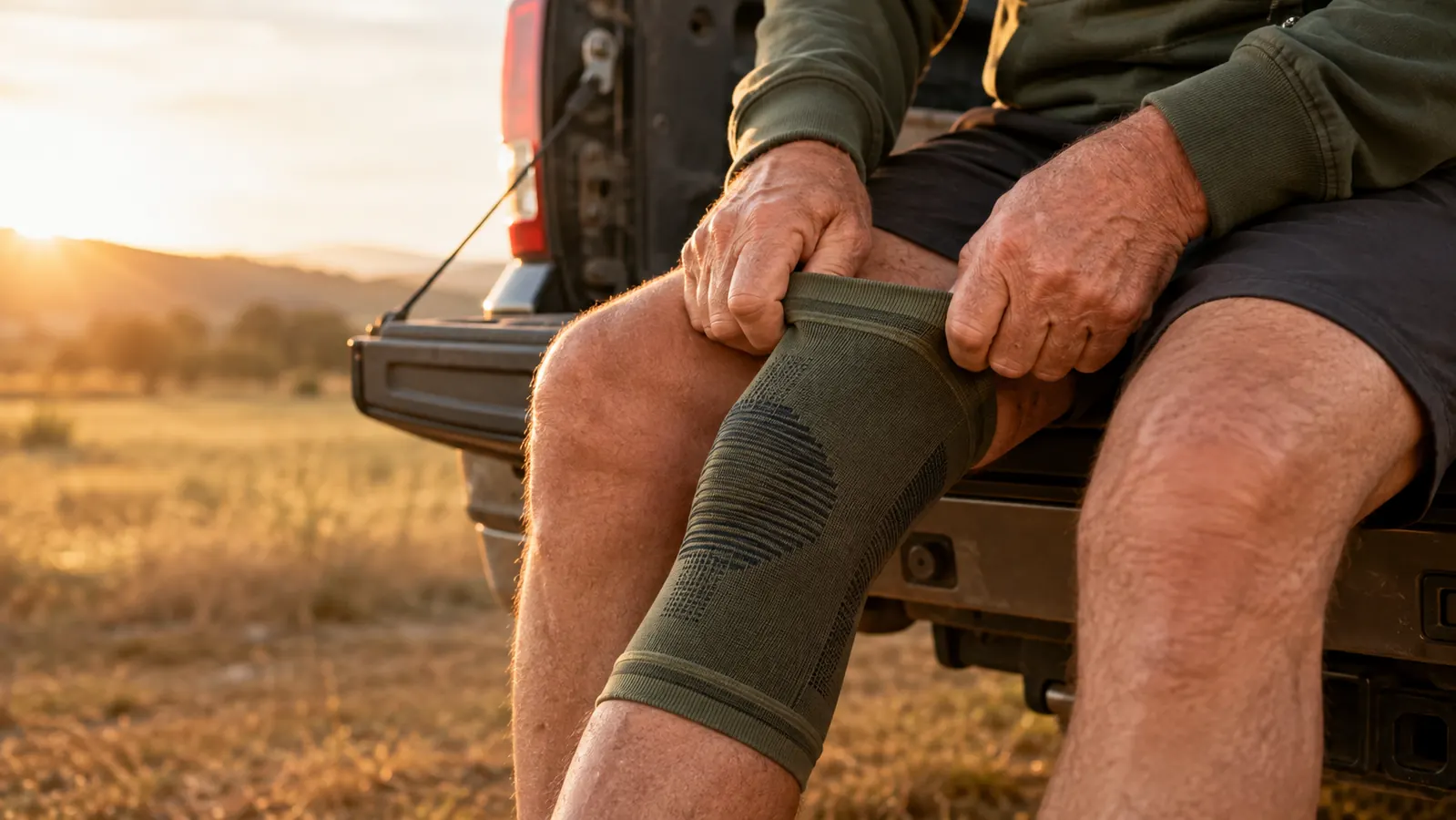 A weathered older hand pulling a knee support sleeve up over a knee while sitting on a tailgate at first light