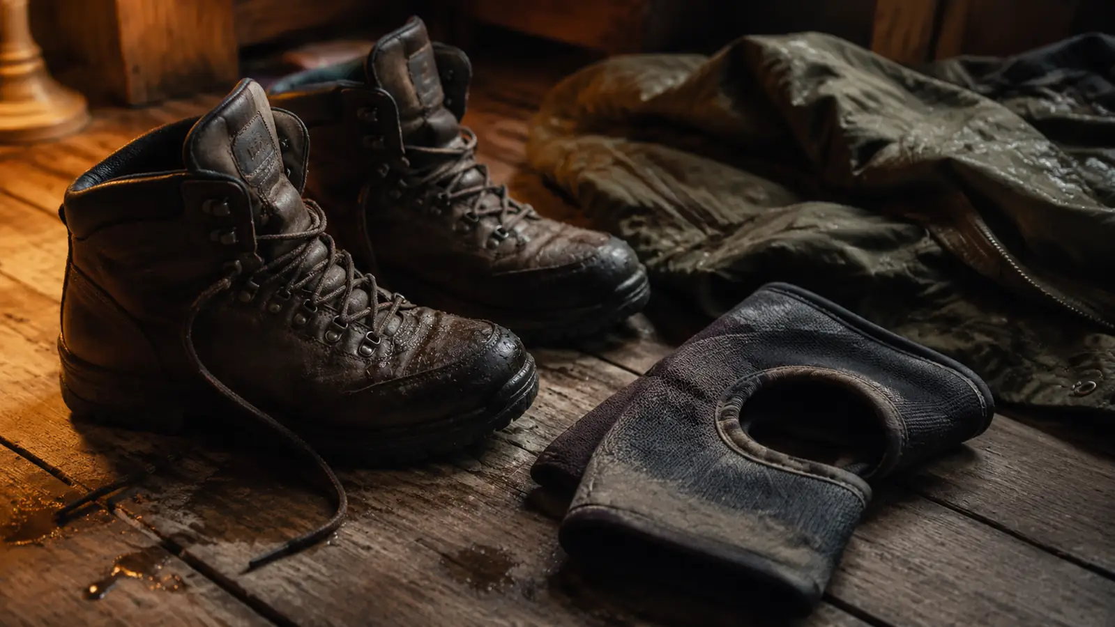 A close view of a pair of worn hiking boots and a knee support laid on a wooden cabin floor beside a wet field jacket