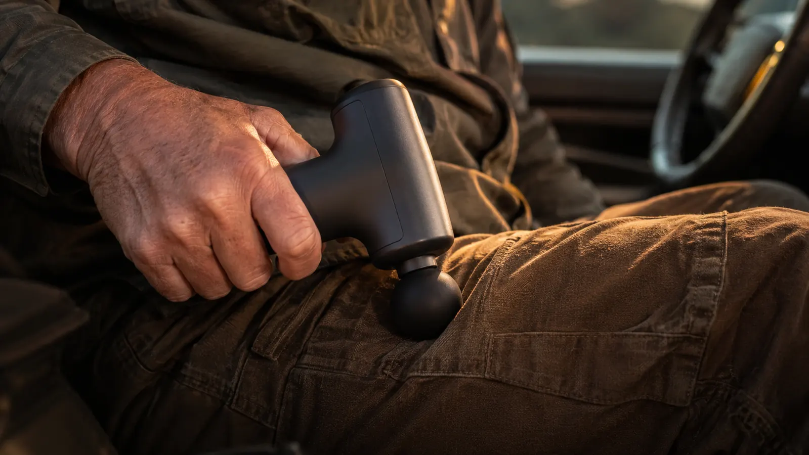A close-up of a man's hand pressing the round head of a percussion massage gun against the back of his own thigh over brown field pants