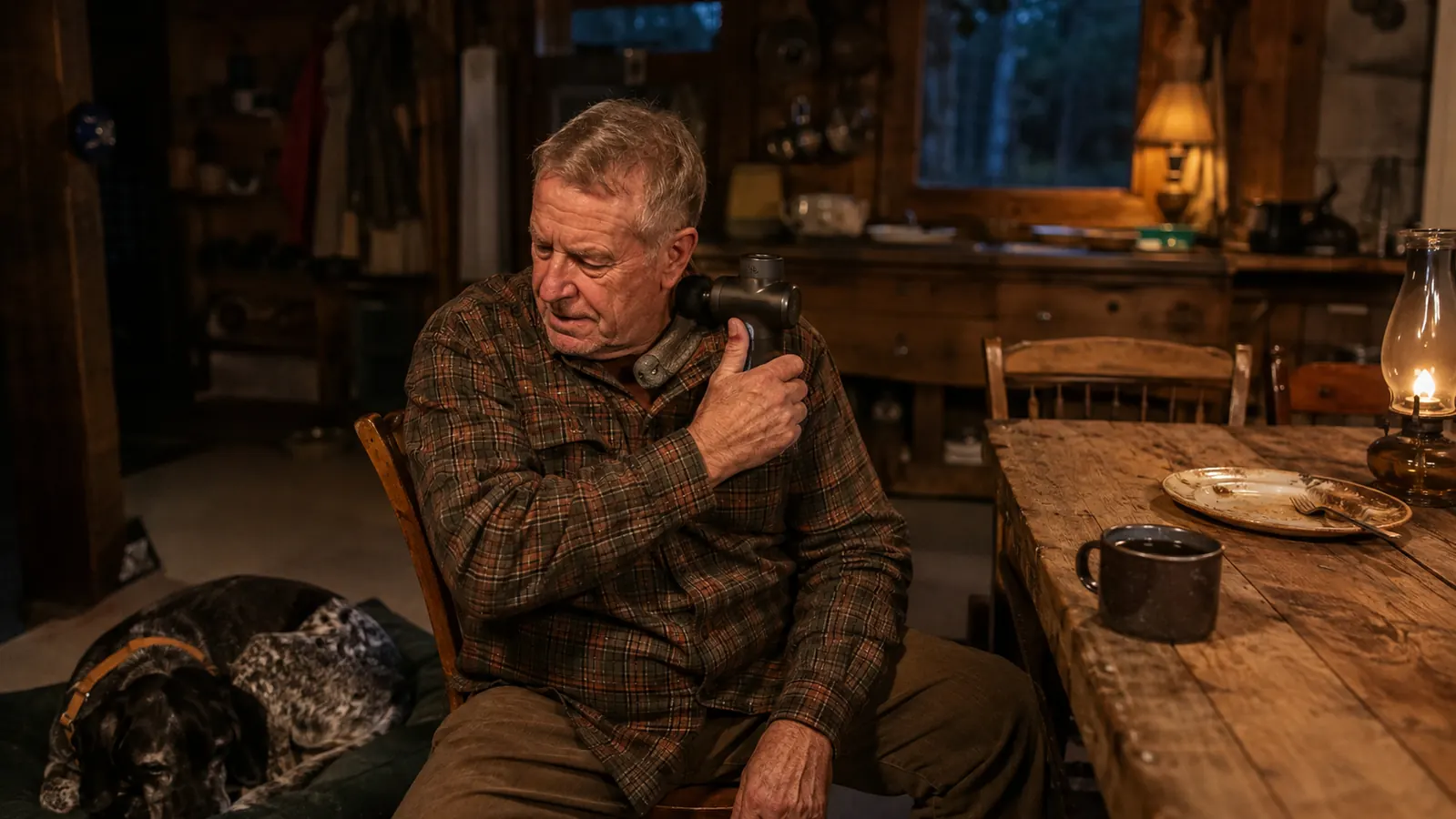 A man in a flannel shirt holding a percussion massage gun over his shoulder at a rustic wooden kitchen table after dinner, a mug of coffee beside him and a dog curled at his feet