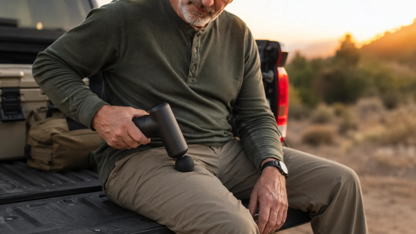 A hand pressing a percussion massage gun into the outer thigh of a man seated on a truck tailgate at dusk